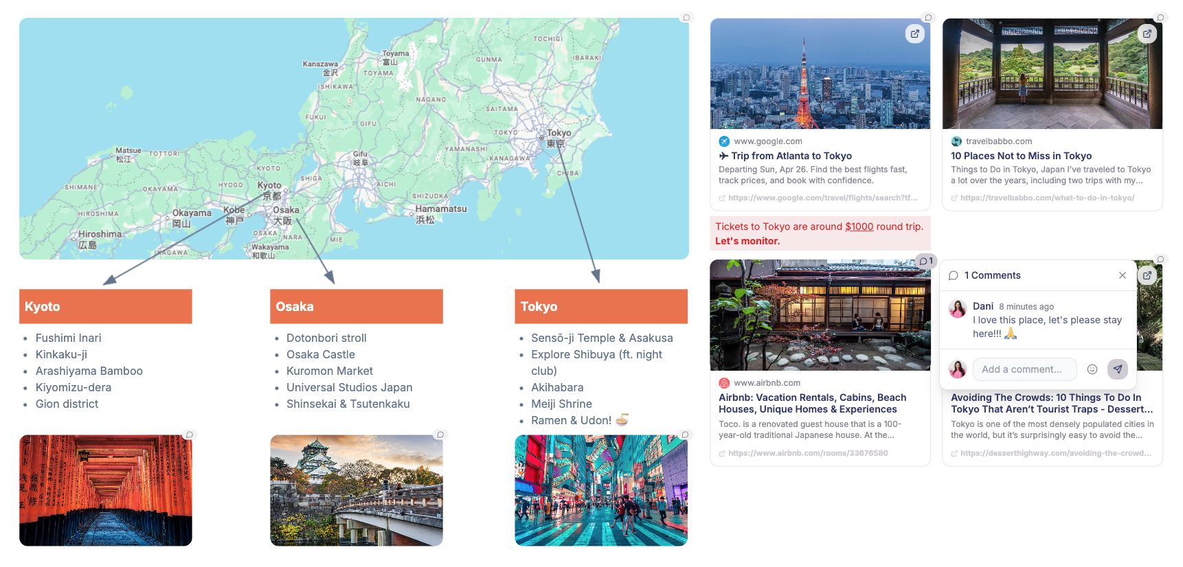 LunaBoard Japan trip planning section with a map, Kyoto, Osaka, and Tokyo notes, travel links, an Airbnb preview, and an open comment panel.