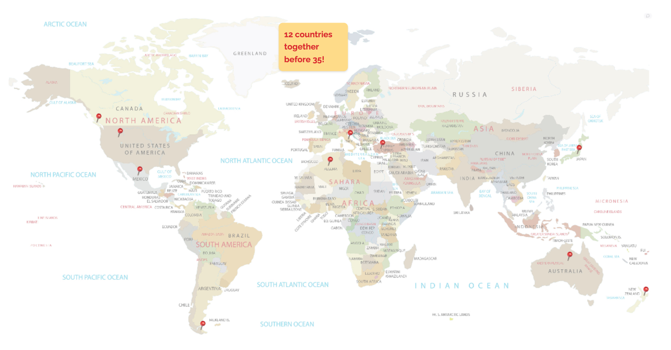 Early LunaBoard travel board with a world map, destination pins, and a sticky note reading 12 countries together before 35.