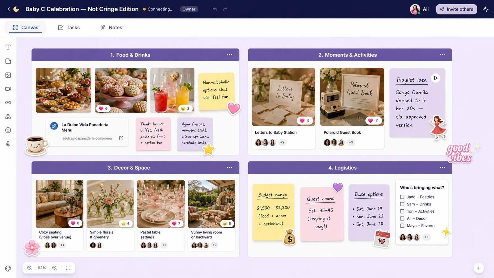 LunaBoard canvas organized into baby shower planning sections for food, activities, decor, and logistics.