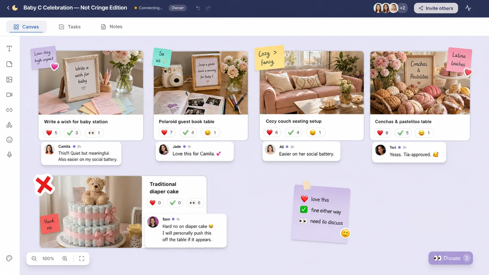 Close-up of LunaBoard baby shower idea cards with emoji reactions and comments from friends.