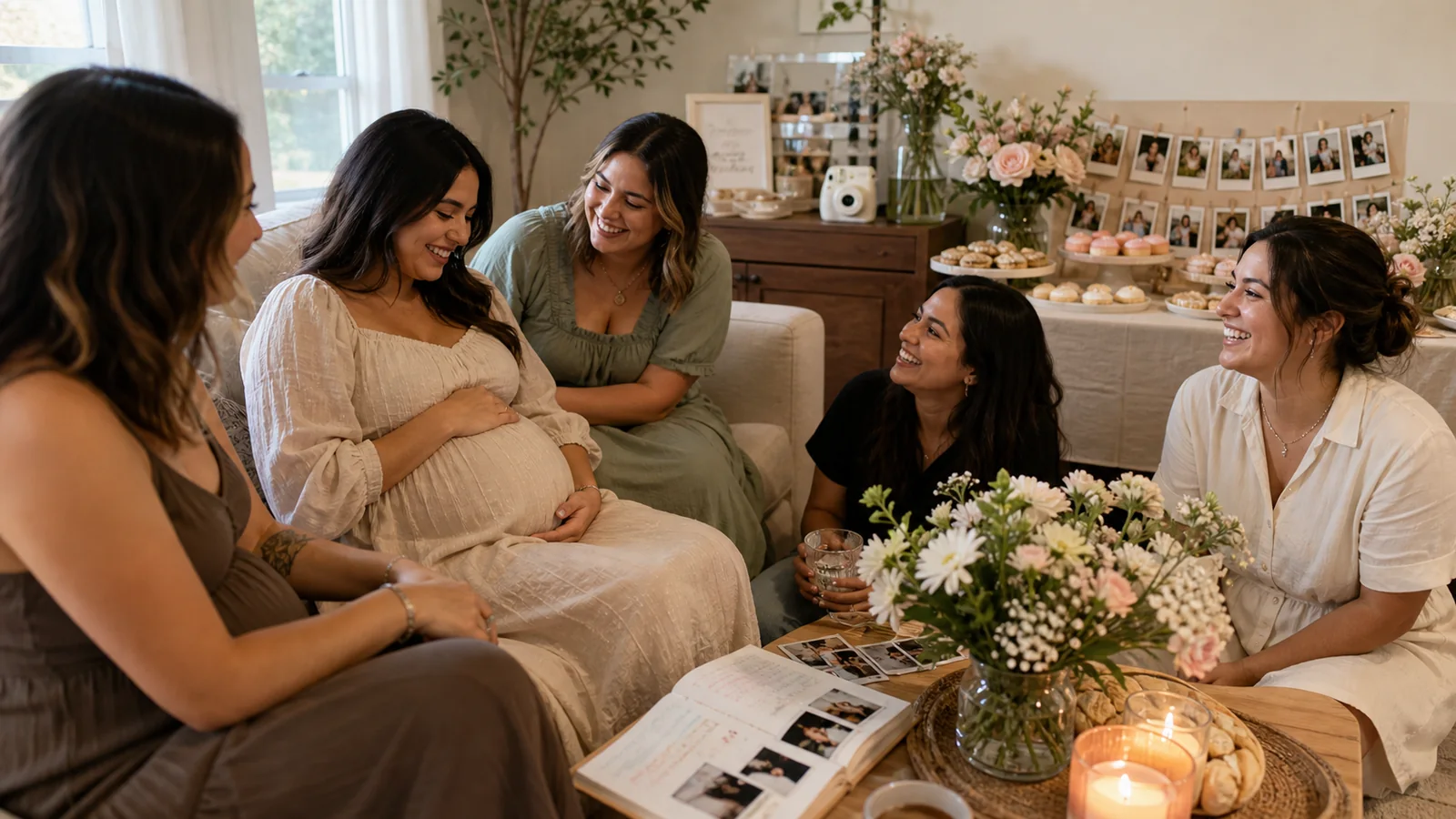 Friends laughing together at a warm baby shower with flowers, pastries, Polaroids, and a cozy living room setup.