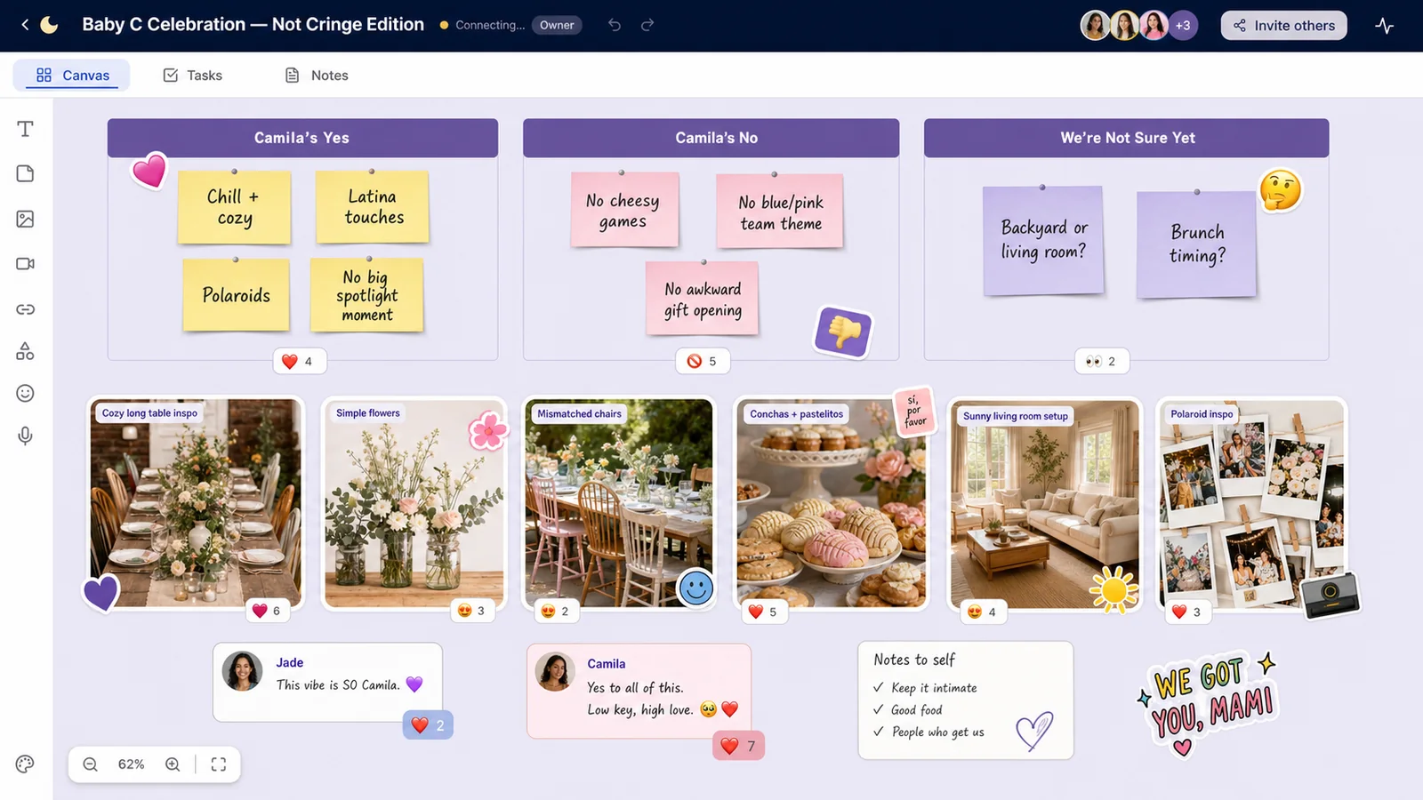 LunaBoard baby shower planning board with Camila’s Yes, Camila’s No, and We’re Not Sure Yet sections.