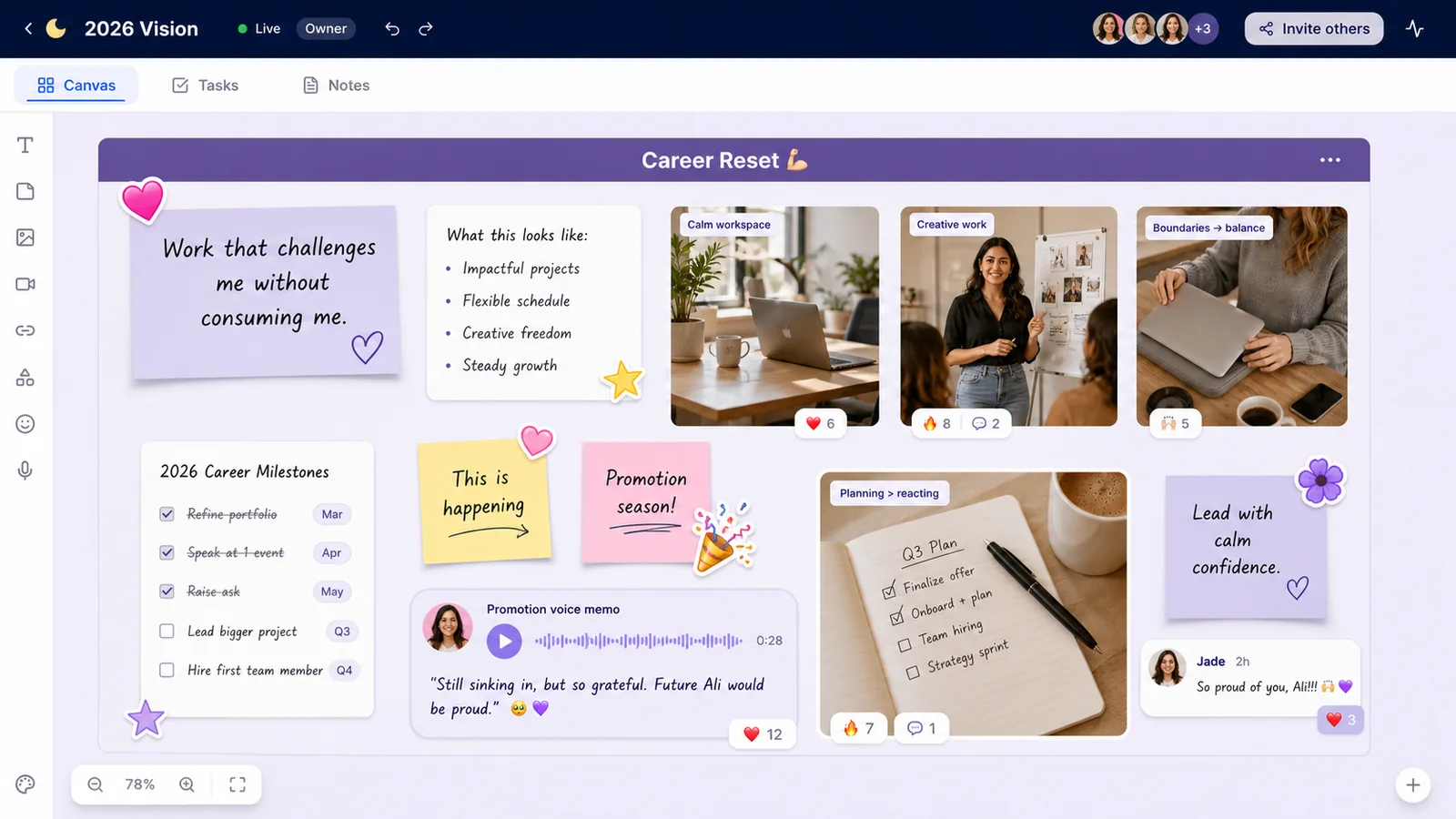Close-up of a LunaBoard career section with images, a written goal, celebratory sticker, and a voice-note style card marking progress.