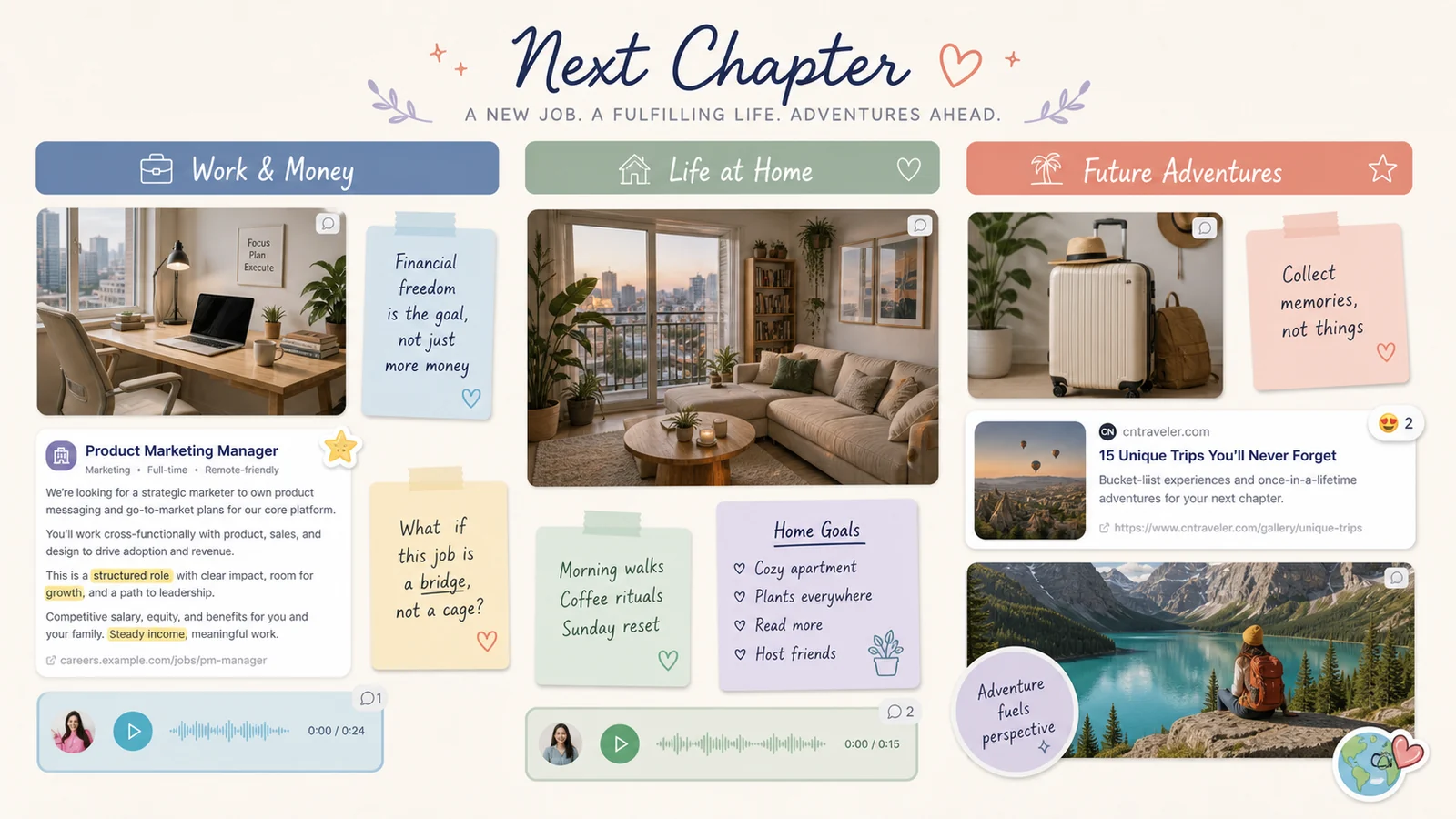 LunaBoard digital vision board titled Next Chapter with Work and Money, Life at Home, and Future Adventures sections, image cards, job notes, and travel cues.
