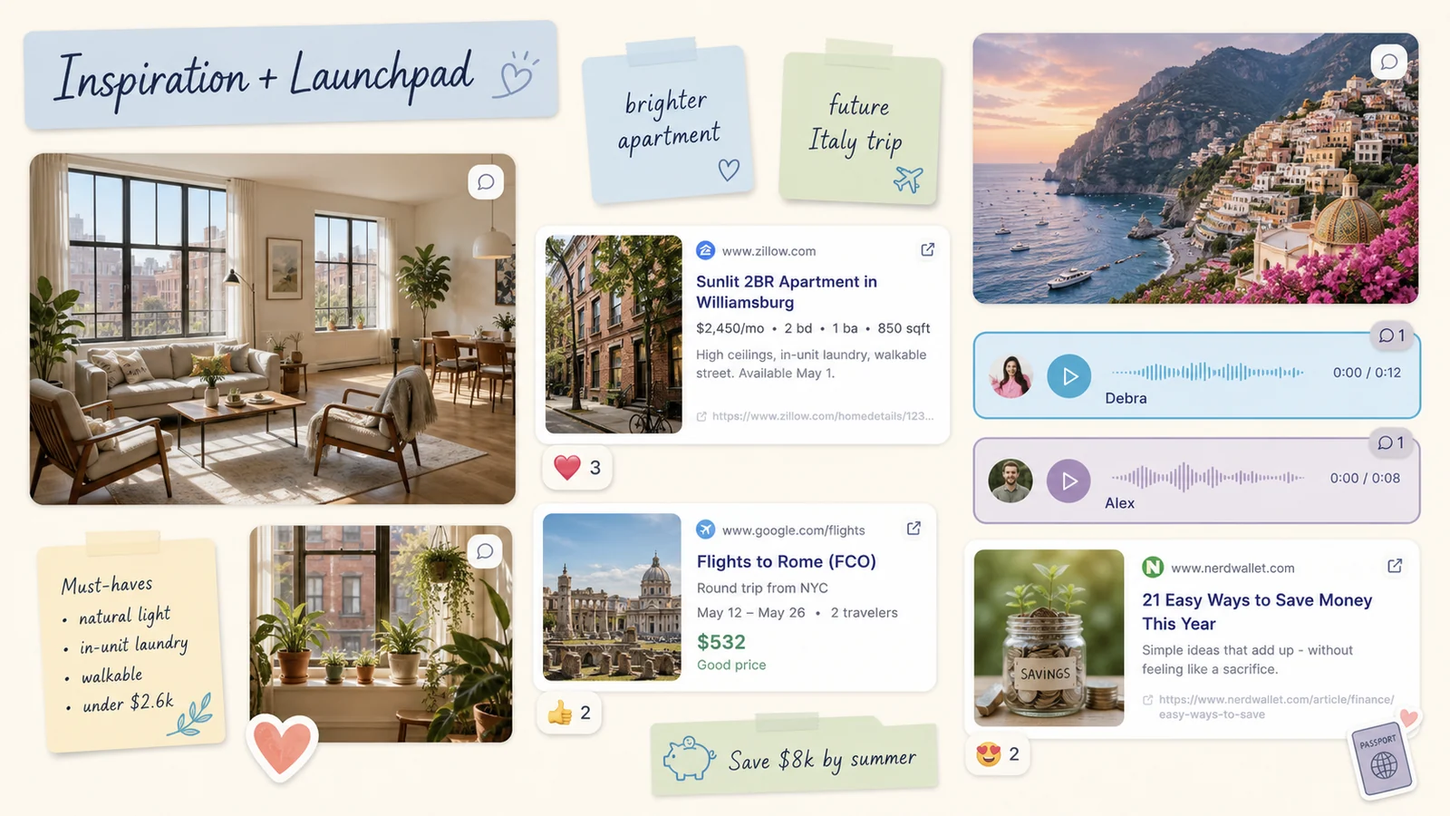Close-up of a LunaBoard digital vision board with apartment listing previews, Italy travel links, savings article card, photos, and sticky notes.
