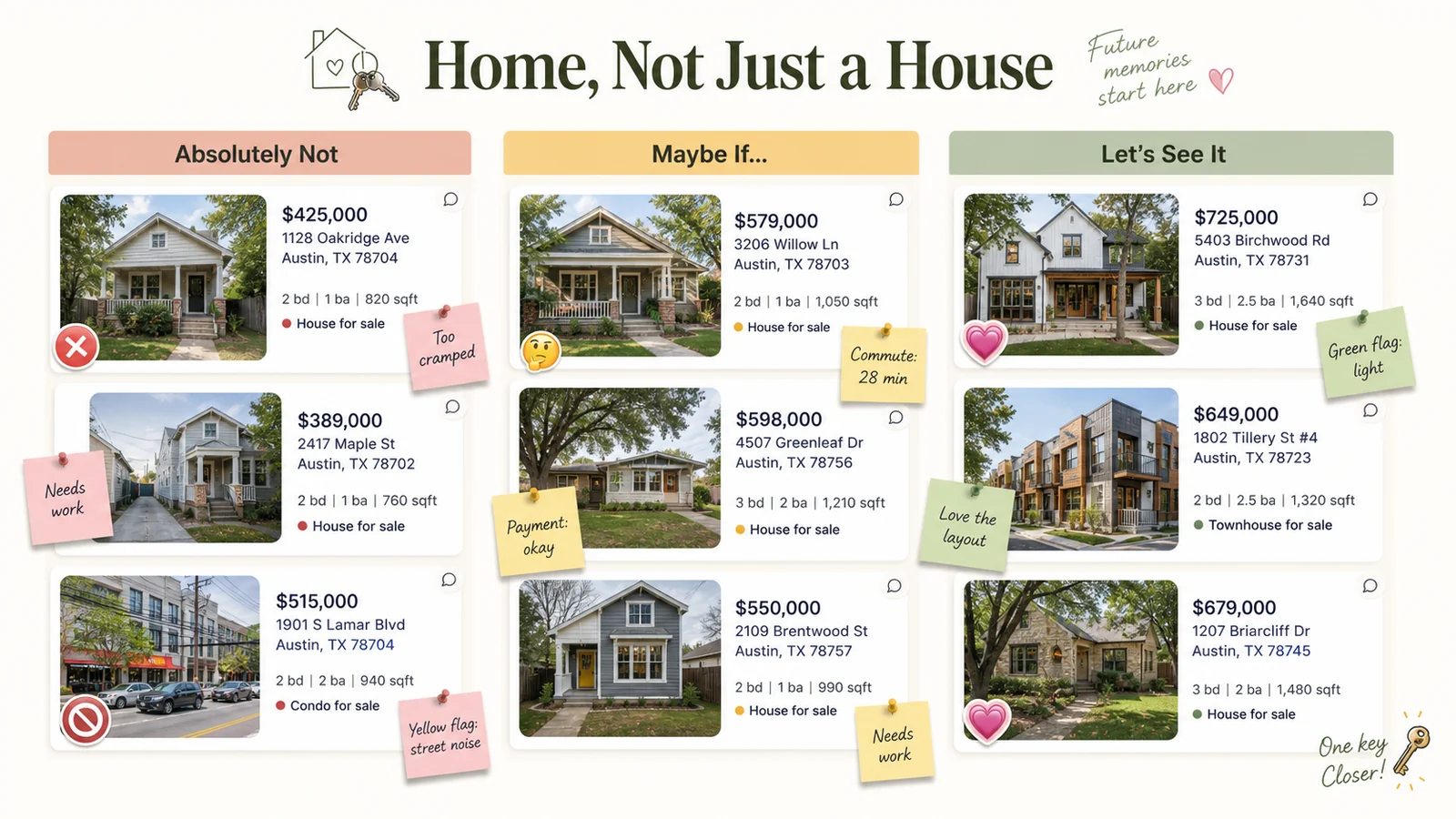 LunaBoard first home buying board titled Home, Not Just a House with listing preview cards, notes, and reactions.