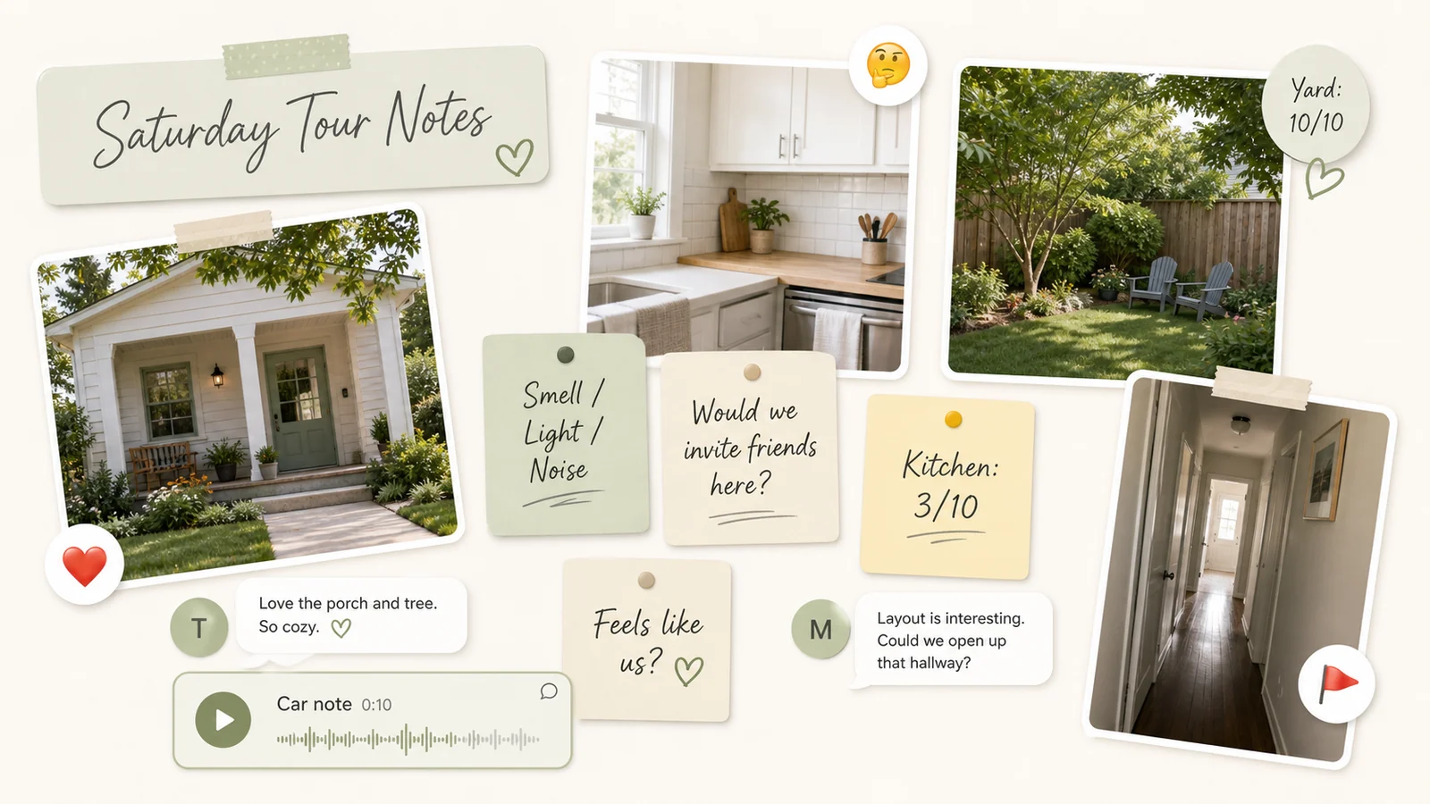 Close-up of a LunaBoard first home tour notes cluster with house photos, smell light noise notes, partner reactions, comments, and a compact car voice note.