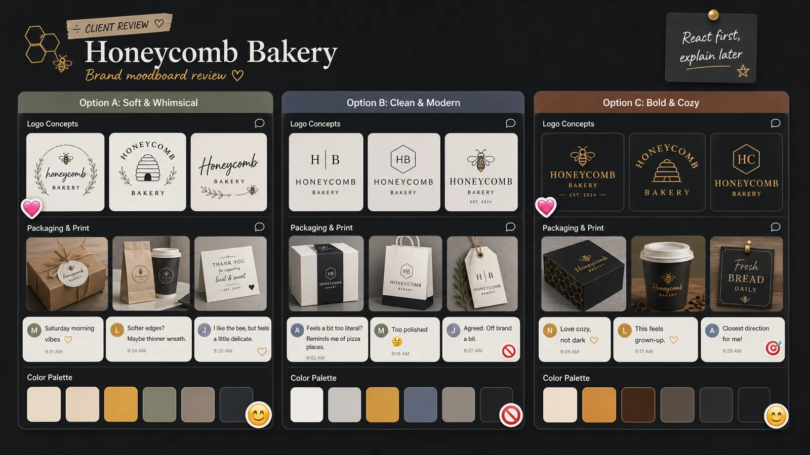 Dark LunaBoard freelance design moodboard review with Soft and Whimsical, Clean and Modern, and Bold and Cozy options, client comments, reactions, and color palettes.