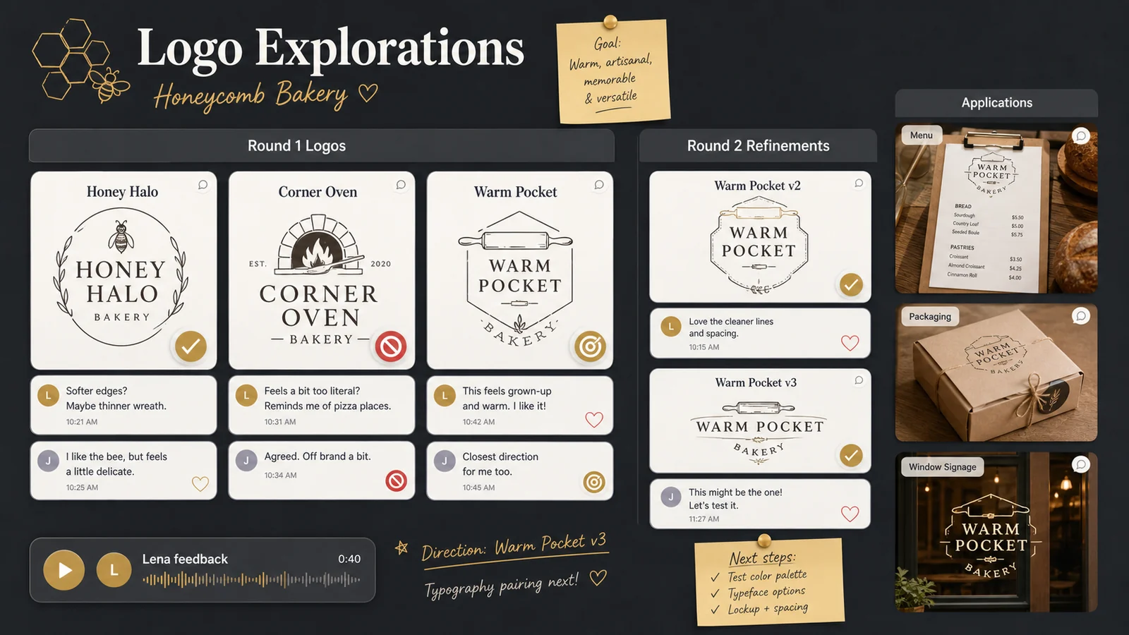 Dark LunaBoard logo explorations board for Honeycomb Bakery with Round 1 logos, Round 2 refinements, threaded comments, approval stickers, applications, and a compact voice note.
