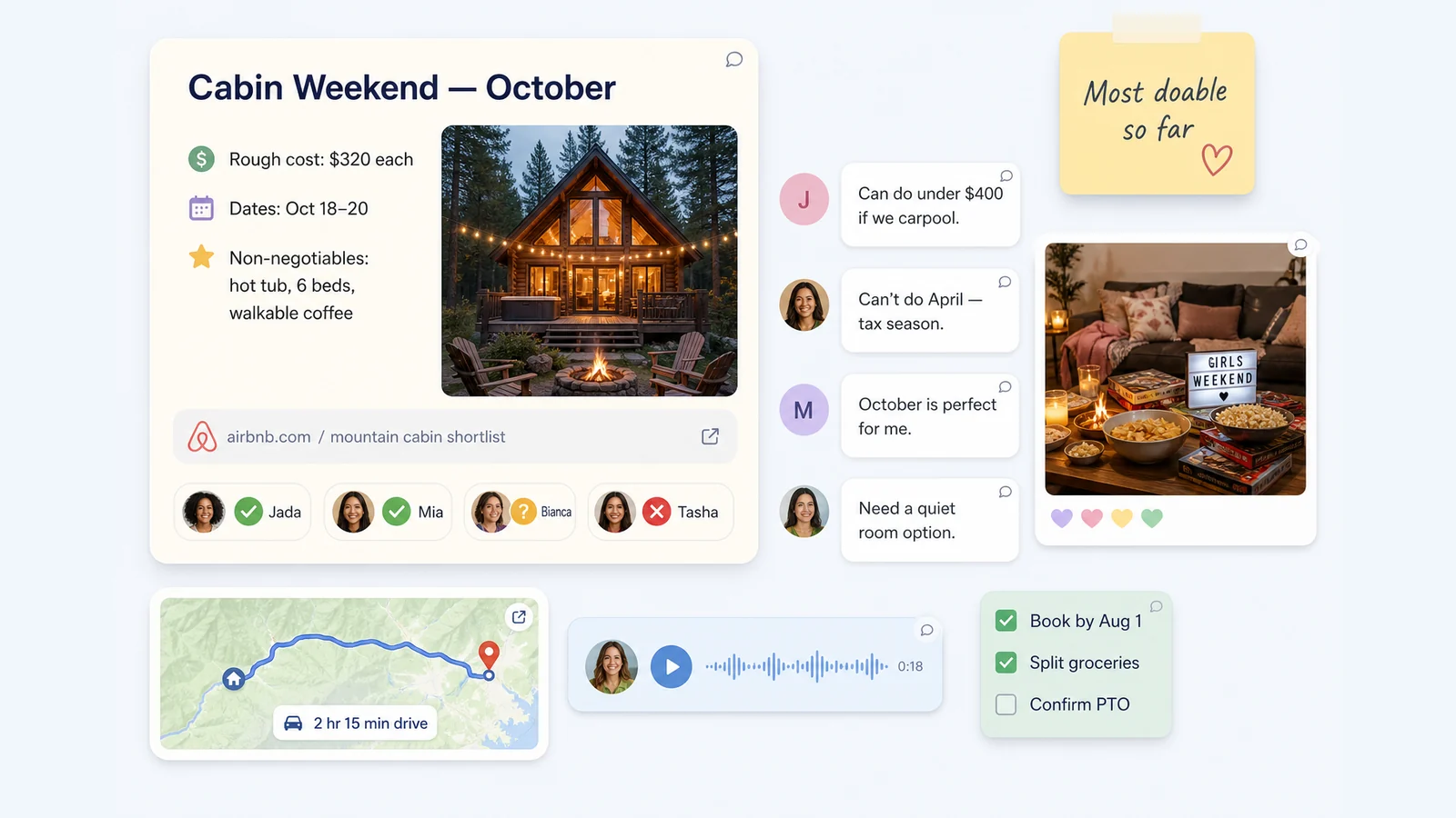 Close-up of a LunaBoard friend trip option card with costs, dates, avatar reactions, and comments about budget and timing.