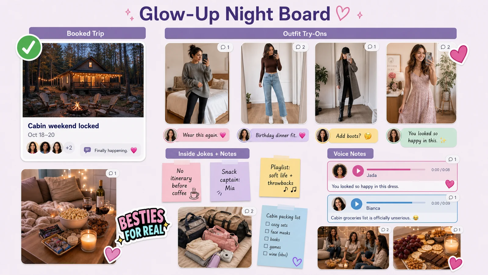 LunaBoard friend group vision board for a girls night with outfit comments, friend avatars, and a booked trip marked with a check sticker.