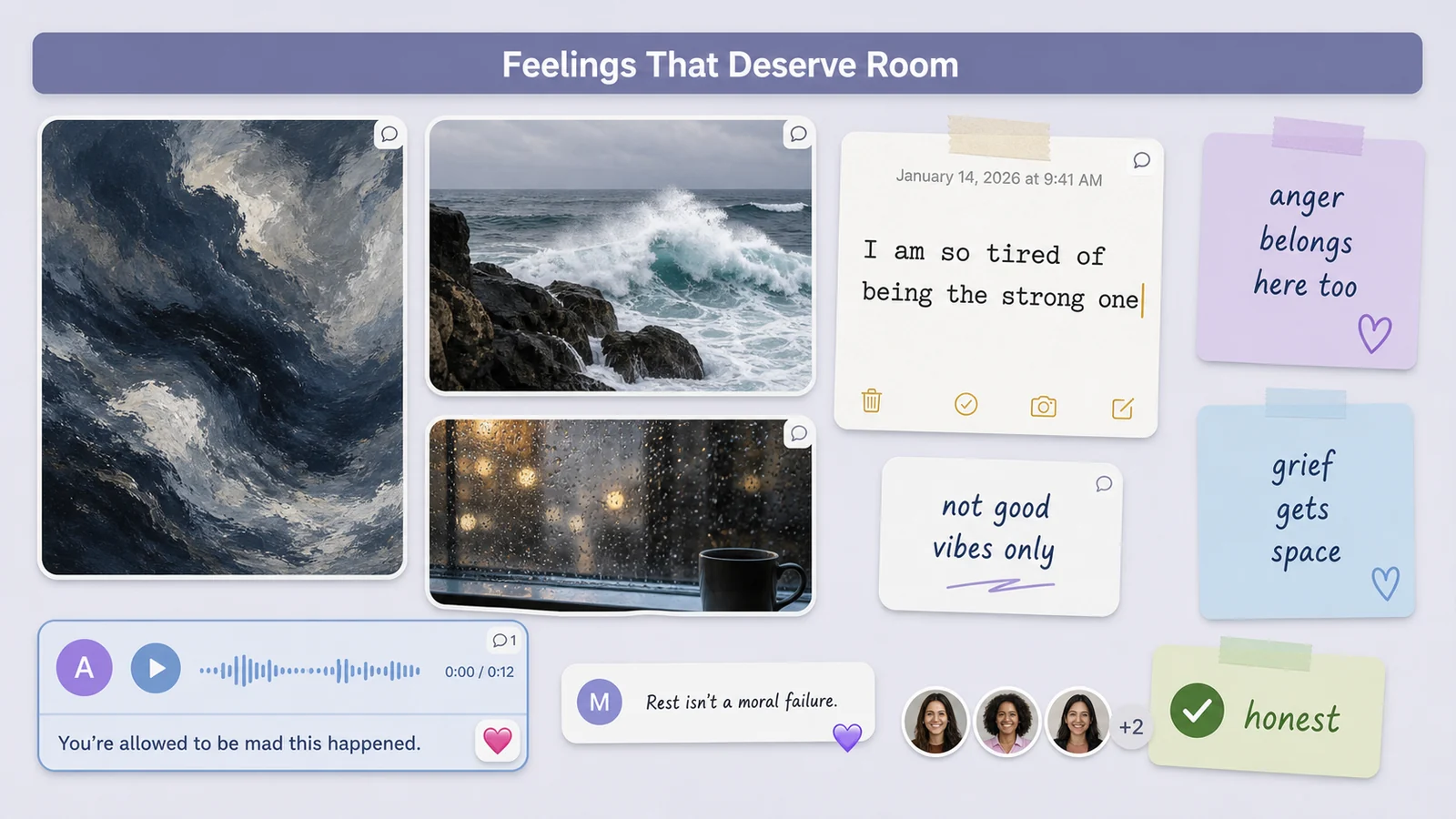 LunaBoard healing board section with stormy imagery, grief and anger notes, and a voice note about being allowed to be mad.