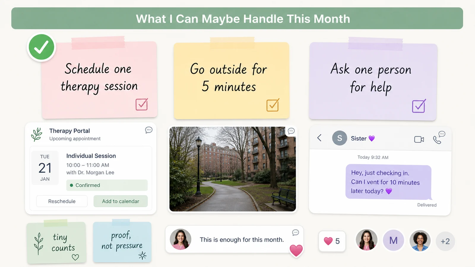 Close-up of a LunaBoard healing vision board with small monthly self-care goals, realistic photos, and calm checkmark stickers.