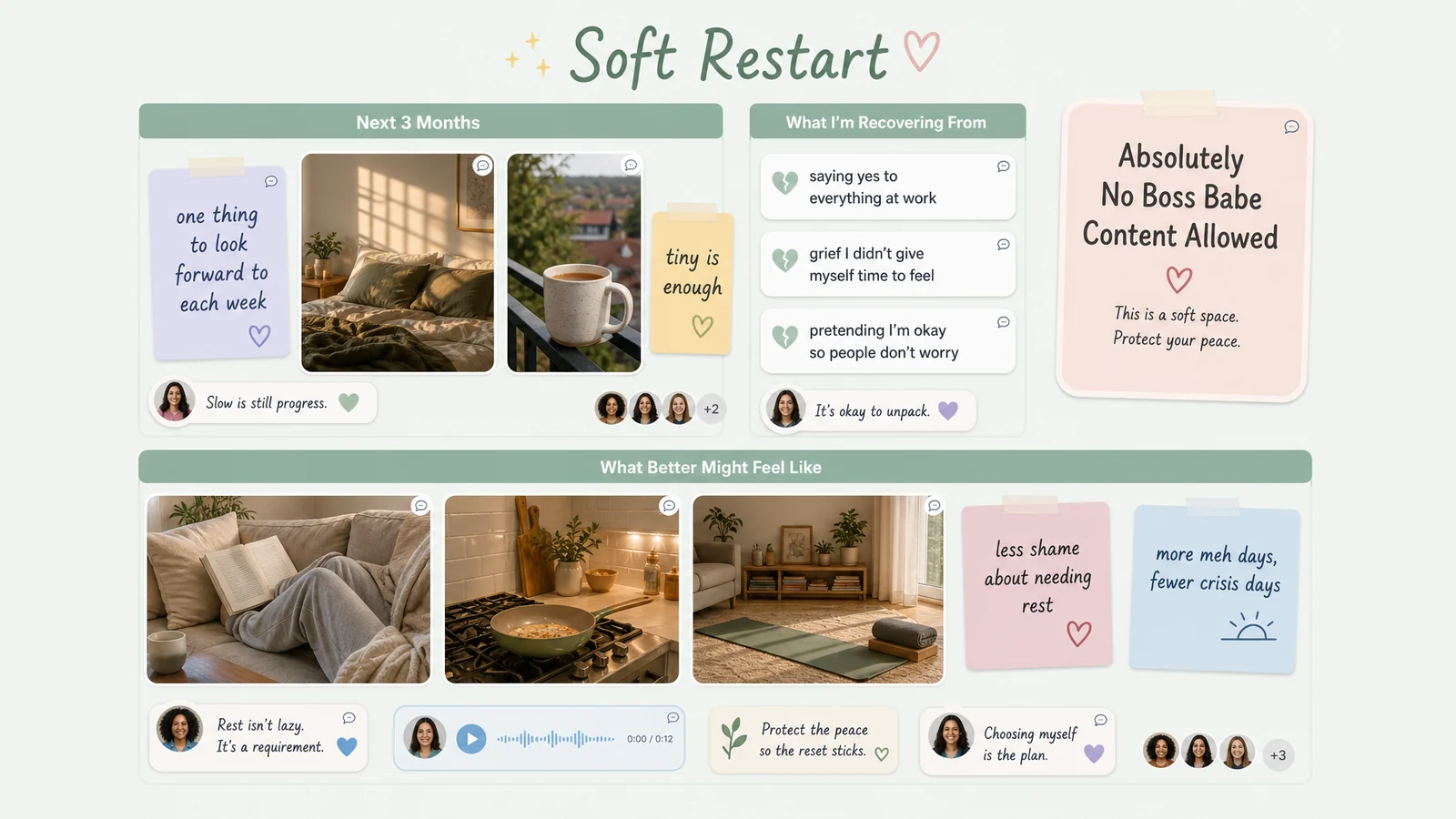 LunaBoard healing reset vision board with soft realistic images, a Next 3 Months section, and a no boss babe content note.
