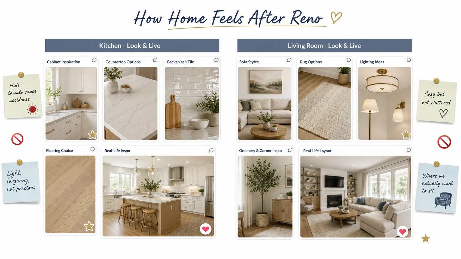 LunaBoard home remodel board titled How Home Feels After Reno with Kitchen and Living Room Look and Live regions.