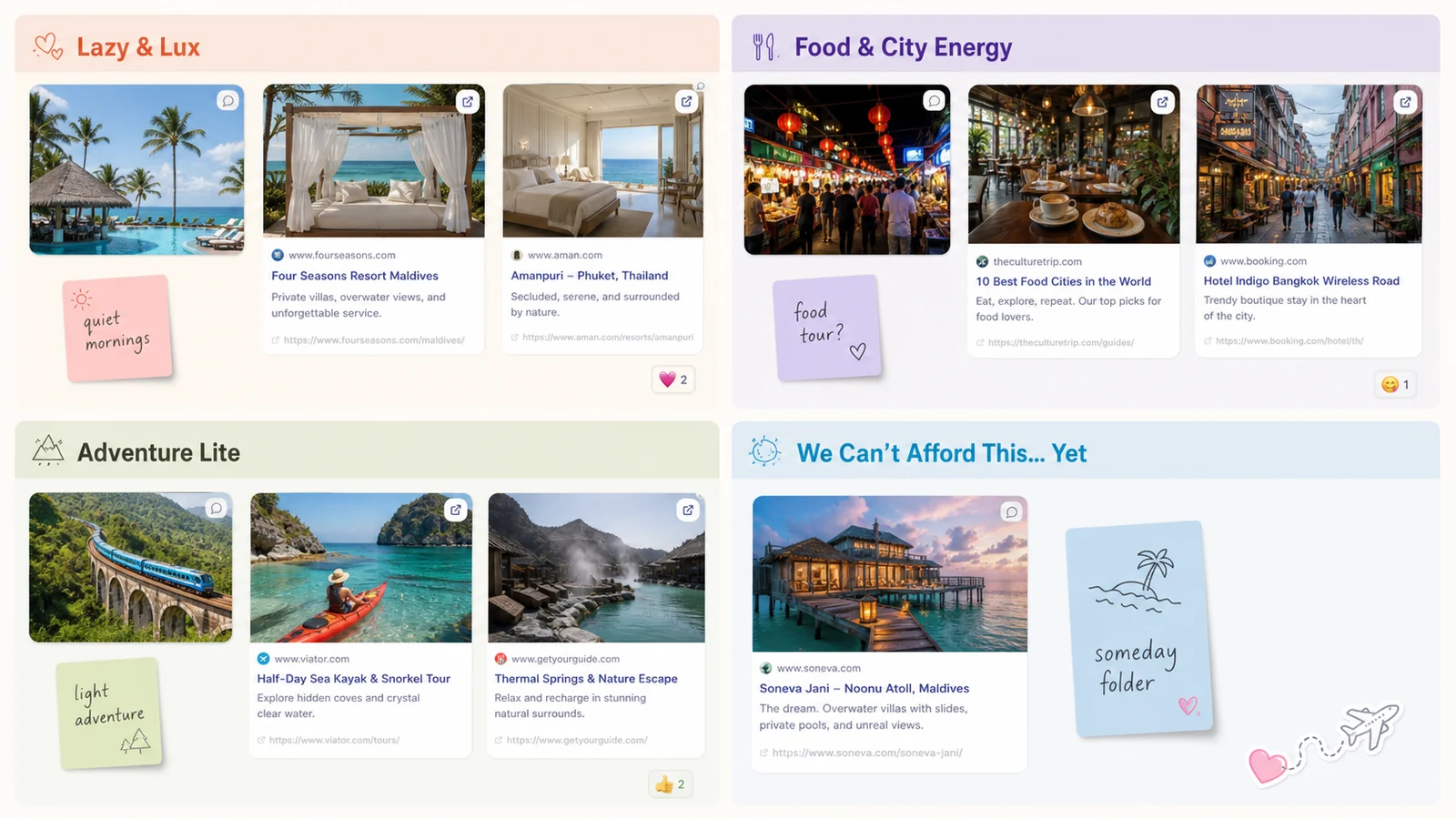 LunaBoard honeymoon board organized into Lazy and Lux, Food and City Energy, Adventure Lite, and We Can’t Afford This Yet destination vibe clusters.
