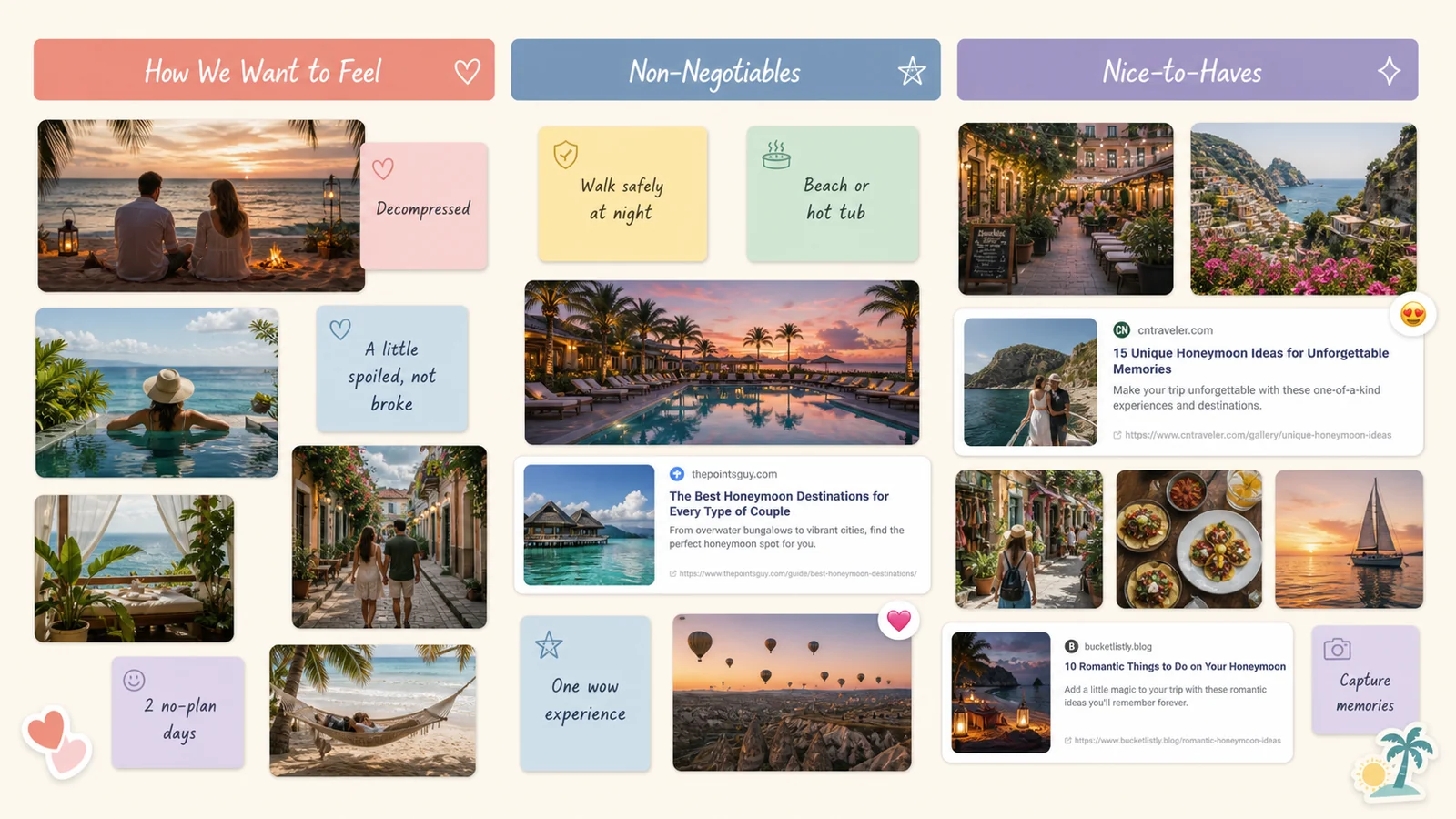 LunaBoard honeymoon vision board with How We Want to Feel, Non-Negotiables, and Nice-to-Haves sections plus beach, city, hotel, and food inspiration cards.