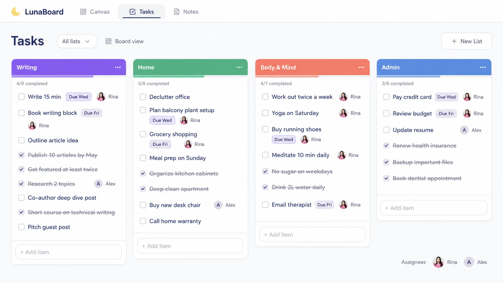 LunaBoard Tasks planning view with grouped task lists, due date pills, assignee avatars, open tasks, and completed crossed-off tasks.