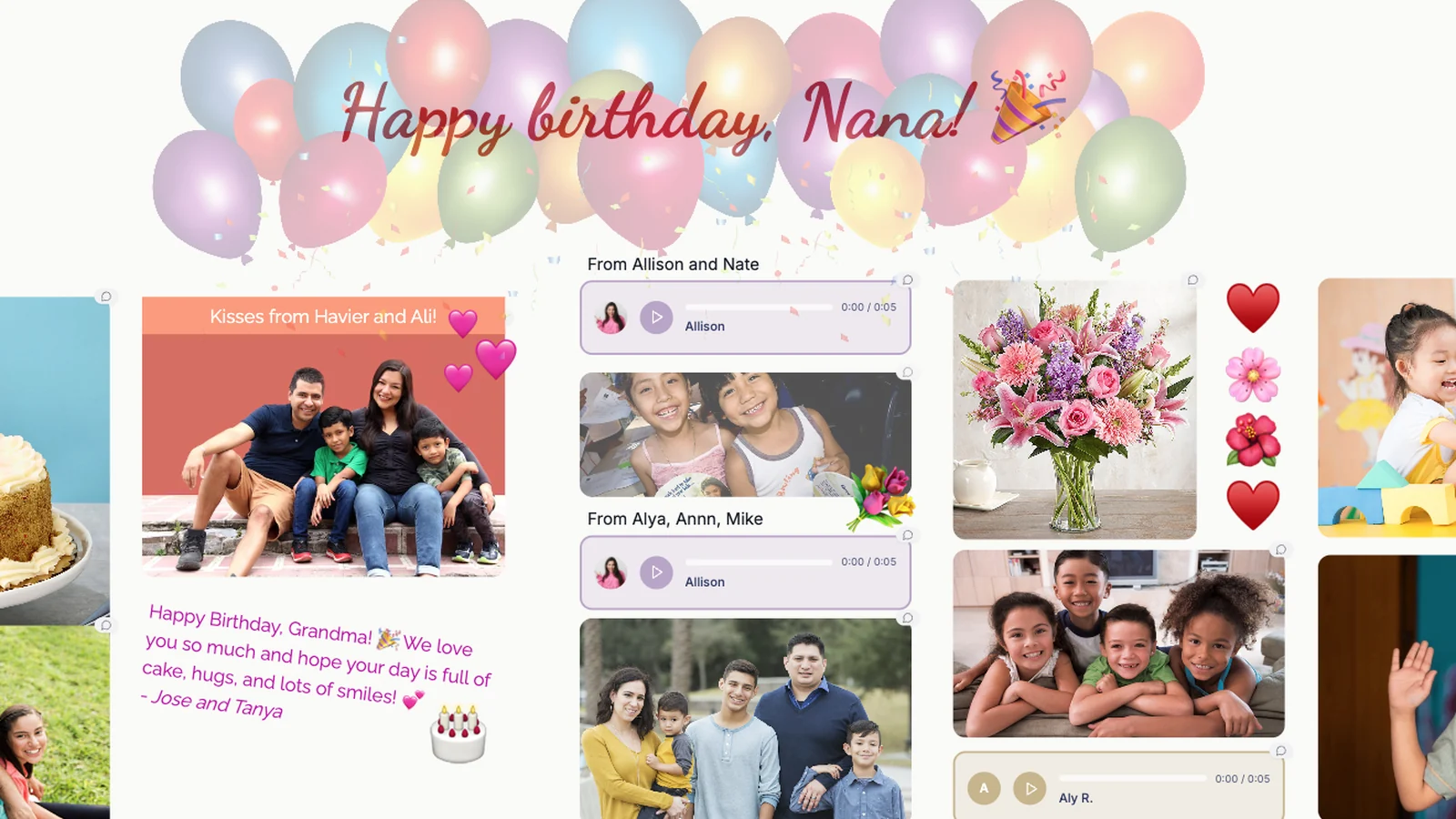 Final LunaBoard dashboard for Nana’s 80th birthday celebration with family memories, party moments, photos, videos, and planning notes.