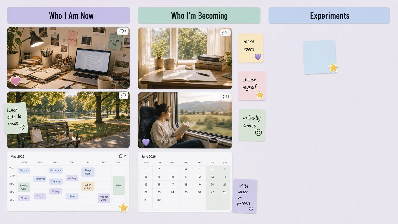 Wide LunaBoard solo vision board with Who I Am Now, Who I’m Becoming, and Experiments zones, using gentle colors, image cards, small notes, and sparse stickers.