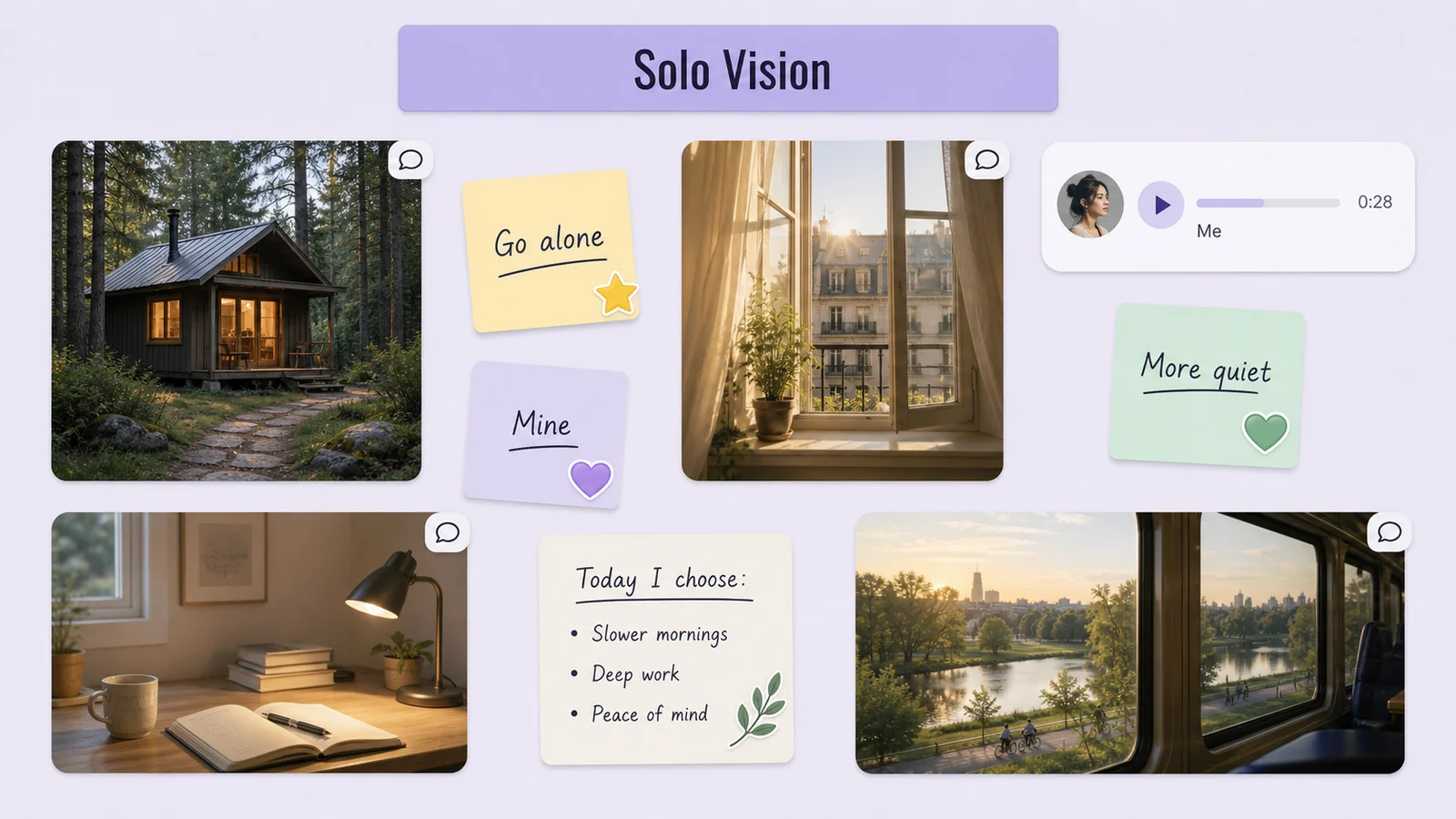 Close-up of a private LunaBoard solo vision board with quiet image cards, small journal-like notes, sparse stickers, and a compact voice note.