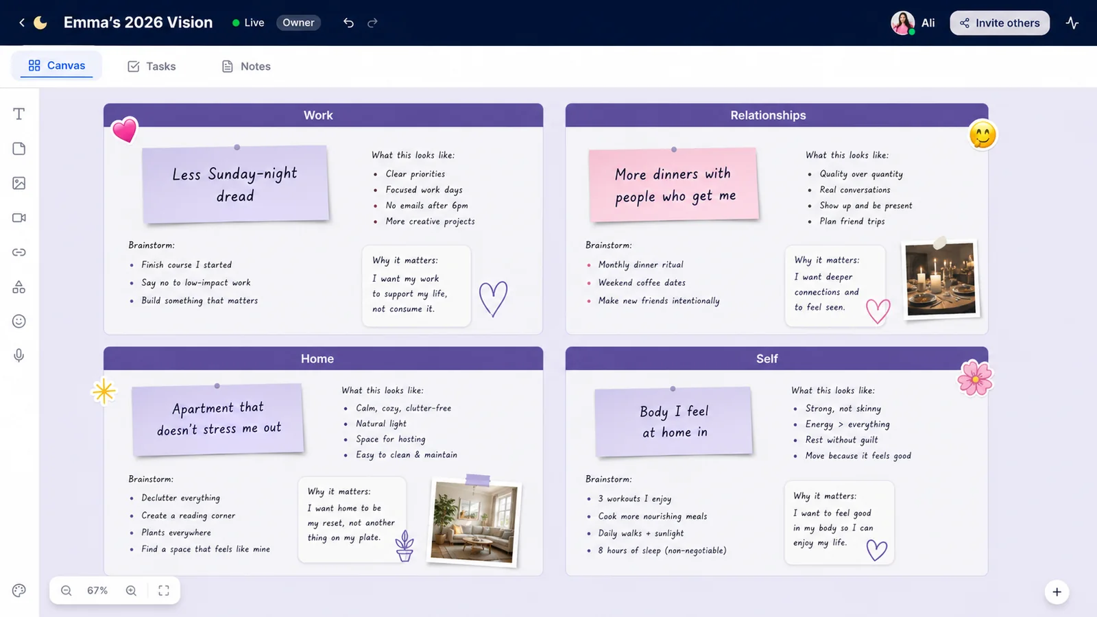 Early-stage LunaBoard vision board with four sections labeled Work, Relationships, Home, and Self, each containing simple honest intention statements.