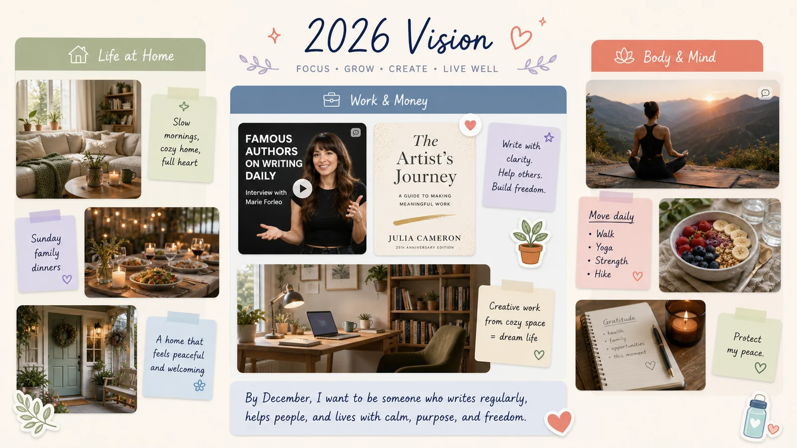 Calm LunaBoard 2026 vision board with Life at Home, Work and Money, and Body and Mind regions, image cards, book cues, and a writing identity note.
