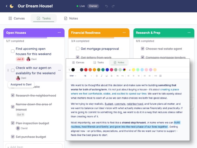 Task lists and shared notes on your board